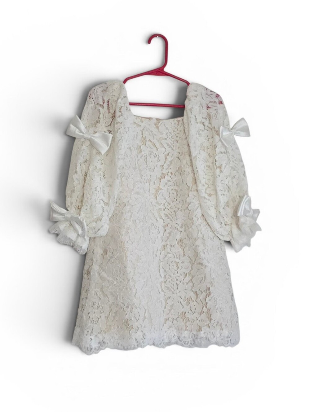 Pom Poms Kids White Lace Bow Sleeve Dress 4T